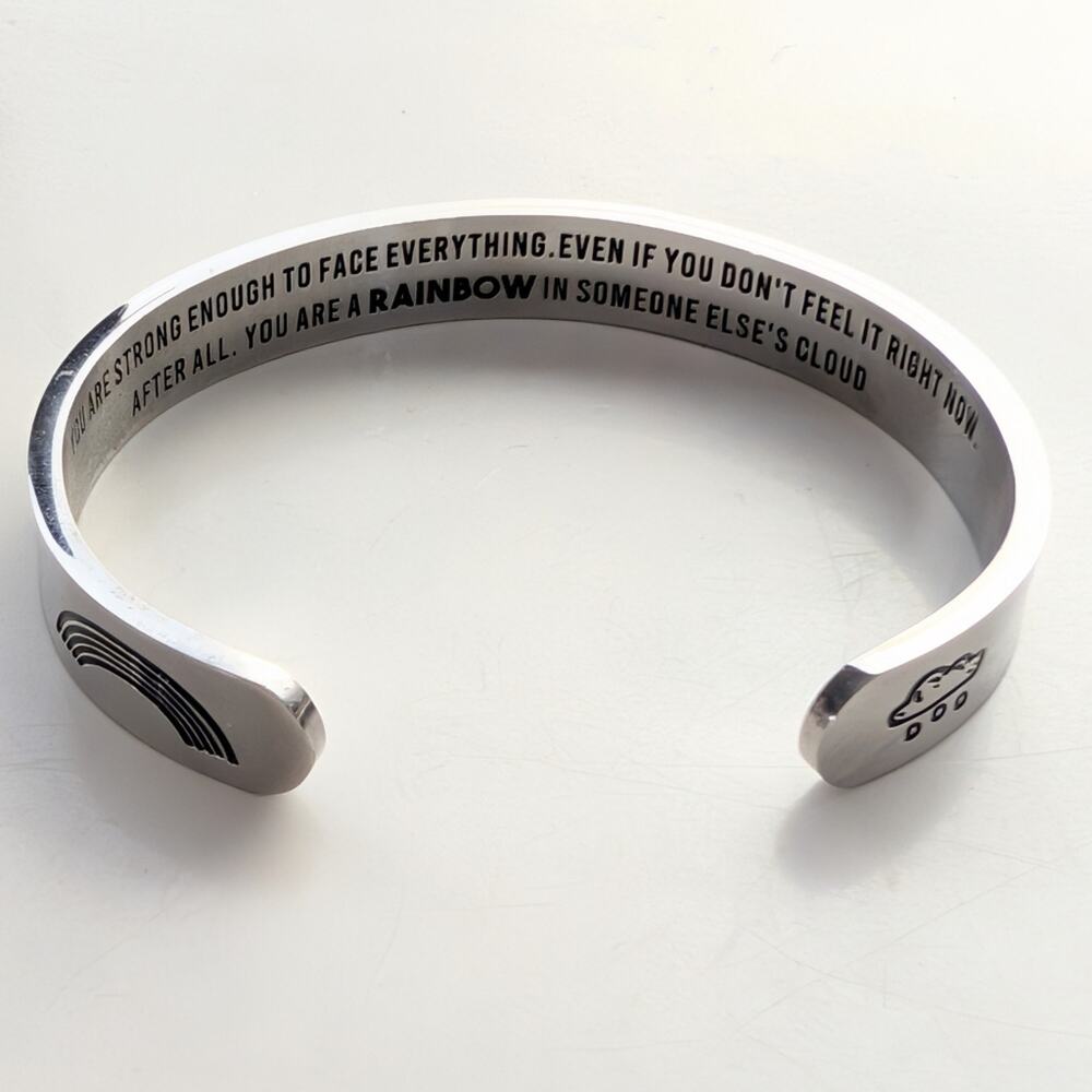 Silver Tone Stainless Steel Inspirational Cloud Rainbow Bangle Cuff Bracelet